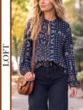 LOFT | 'Mosaic' Printed Ruffled Collar Blouse Top